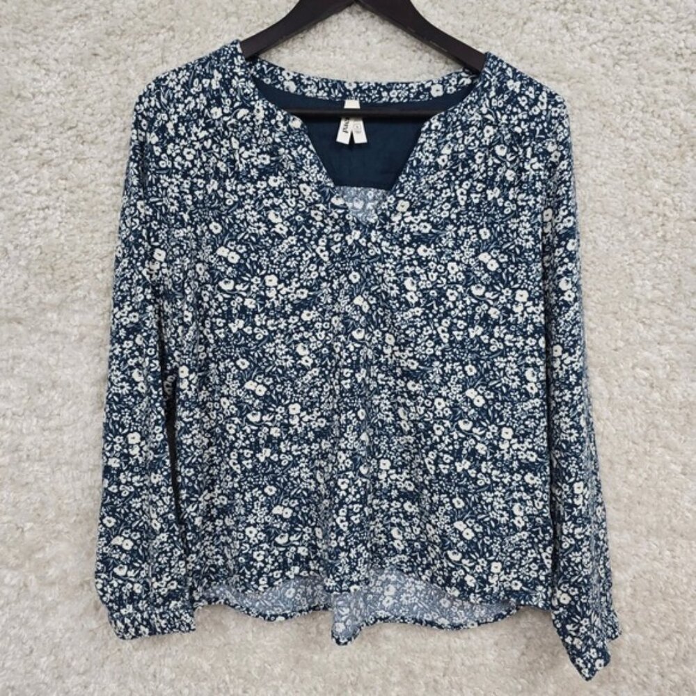 Pact Womens Floral Blouse Small Blue Organic Cotton Long Sleeve